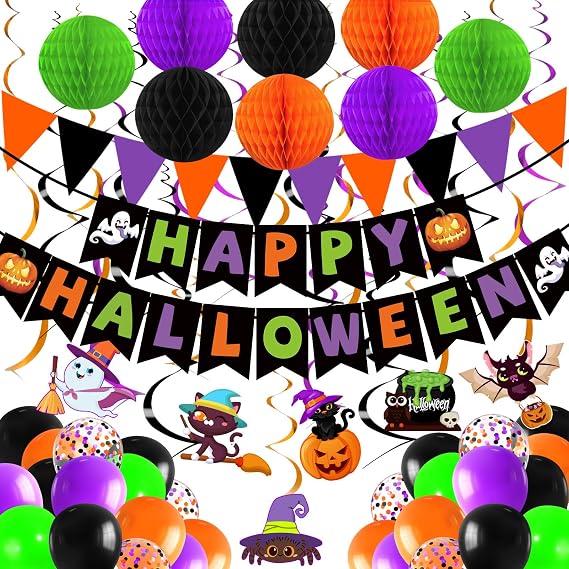 Happy Halloween Banner Halloween Party Decorations Honeycomb Ball Balloons Hanging Swirl for Indoor Home Office Class Party Supplies