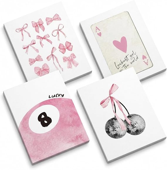 4Pcs Preppy Pink Wall Art Prints 15x20cm Aesthetic Room Photos Decor Posters with Bow Cherry Disco Ball Unframed Canvas Pictures Cute Coquette Gift Set for Teen Girls Bedroom Dorm Living Room (Pink B)