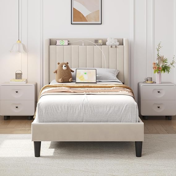 Yaheetech Twin Bed Frame with Channel-Tufted Storage Headboard, Beige