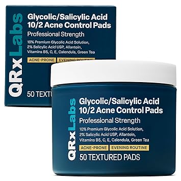 QRxLabs Salicylic & Glycolic Acid Acne Clearing Pads - 2% Salicylic & 10% Glycolic Acid - Exfoliating Pads for Acne, Bacne, Butt Acne, Body Acne - Daily Pads - 50ct