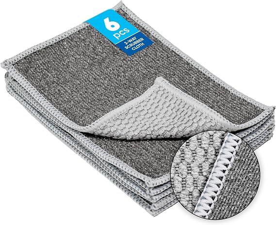 Microfiber Wholesale Scrubber Cloths (6 Pack) Scrub Without Scratching, Safe for Non-Stick, Stainless Steel & Glass Two-Sided 4"x6" Dish Scrubbing Cloths for Baked-On Food, No Sponge Smell