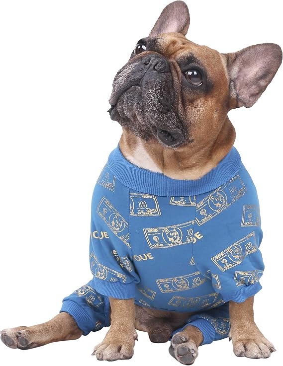 English Bulldog Pajamas Onesie Suit PJS Bodysuits for Medium Dogs Large French Frenchie Pug Pitbull Boston Terrier - Blue Money, XXL