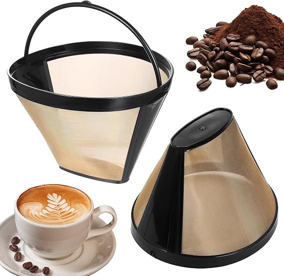 Pack of 2 Coffee Filters, Size 4, Permanent Coffee Filter, Metal, Reusable Permanent Coffee Filter for 8-12 Cups of Coffee, Stainless Steel Mesh Coffee Filter, Mesh Basket for Most Coffee Machines