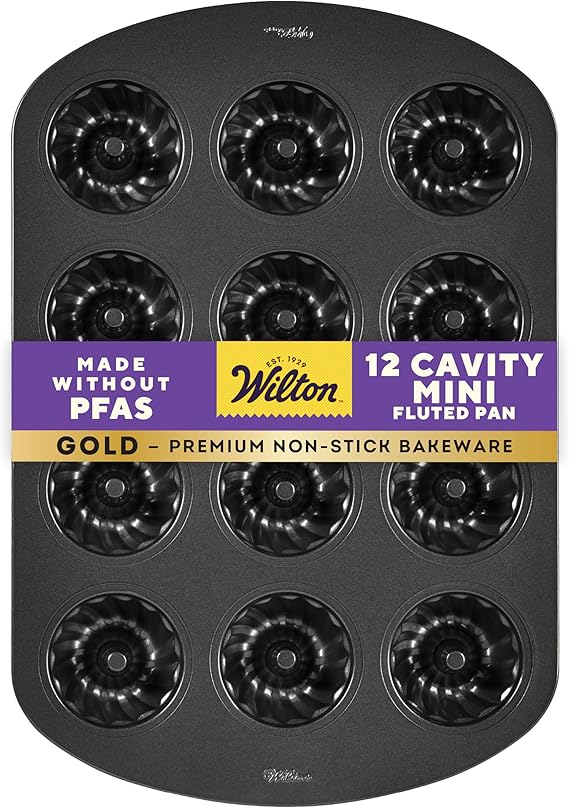 Wilton Gold Non-Stick Bakeware Mini Fluted Pan - Baking Pan for Mini Bundt Cakes, Donuts & More - Made Without PFAS & Scratch Resistant - Offers Even Heat Distribution - 16.5 x 11 Inch, 12 Cavity