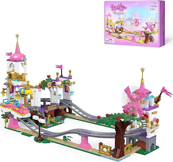 2 in 1 Castle Roller Coaster Building Set, 749 Pcs STEM Amusement Park Construction Kit for Kids, Pink Playground Blocks Birthday Gift Toys for Girls Ages 6 8-12