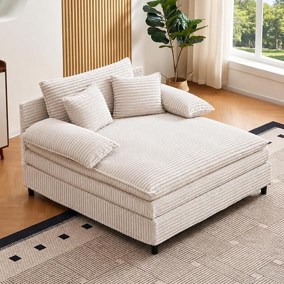 55" W Reclining Chaise Lounge Chair Indoor with 4-Gear Adjustable Backrest, Oversized Deep Seat Recliner with Comfy Pillows, Single Sleeper Sofa Bed, Cloud Couches for Living Room-Beige