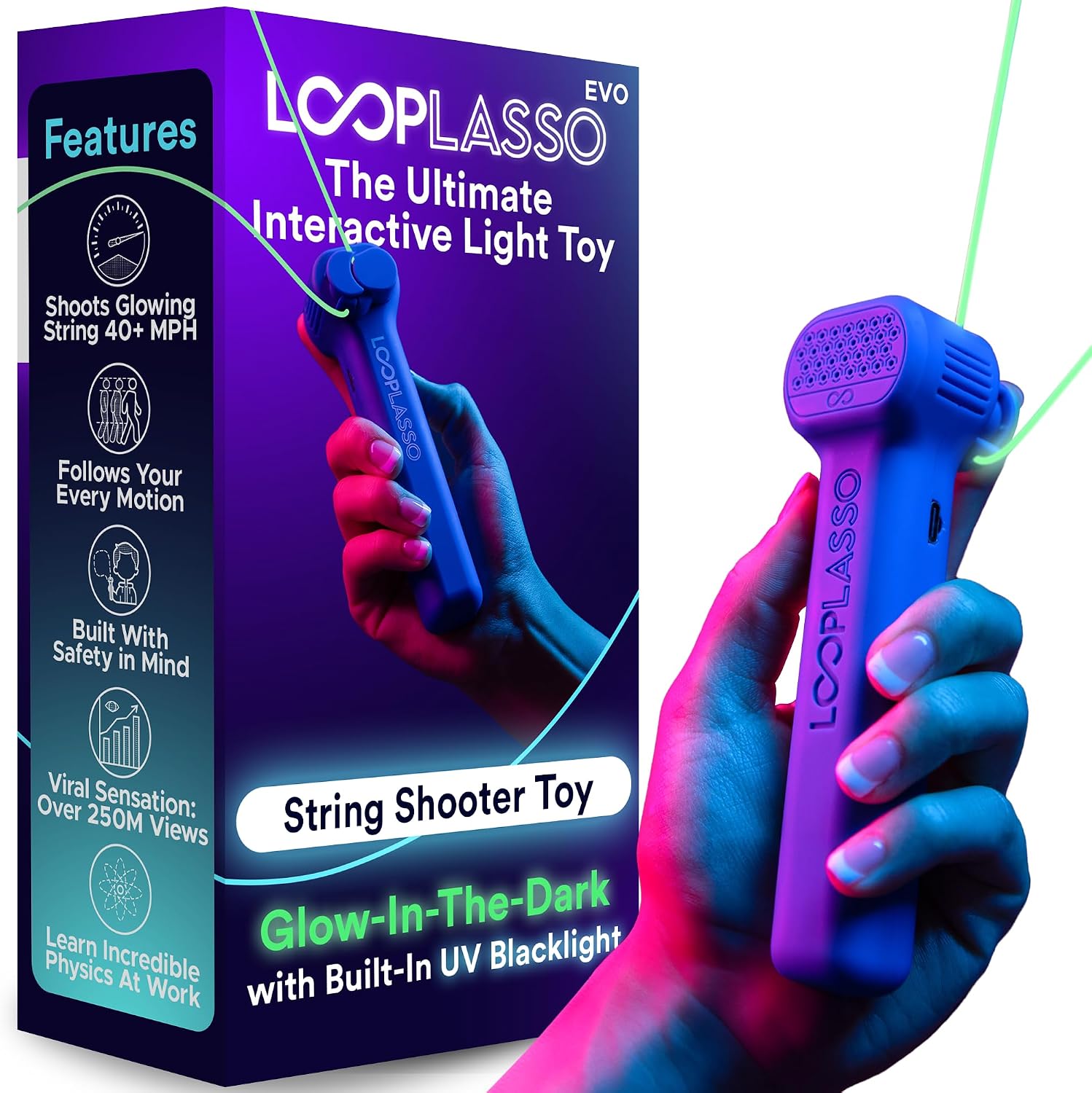 Loop Lasso® EVO The Original Glow-in-The-Dark String Shooter Toy, Built-in UV Blacklight, Safe Fun Viral Toy Rope Launcher, Best Kids Gift for Holidays, Christmas Stocking Stuffer for Children