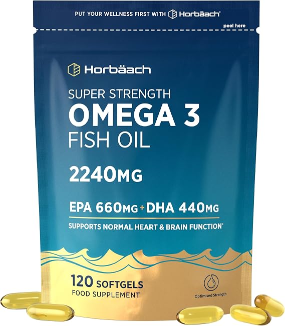 Omega 3 Capsules High Strength 2240mg | with 660mg of EPA and 440mg of DHA | Wild-Caught, Cold Water Fish | Natural Source of Omega 3 Fish Oil | 120 Softgels | By Horbaach