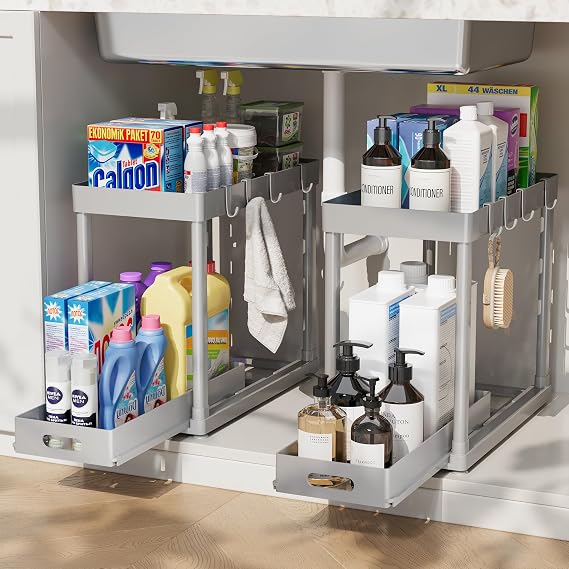 Pull Out Storage Organizer Under Sink Organizer Bathroom & Kitchen Storage Multipurpose Under Cabinet Organizer Storage, Black, 2 Pack