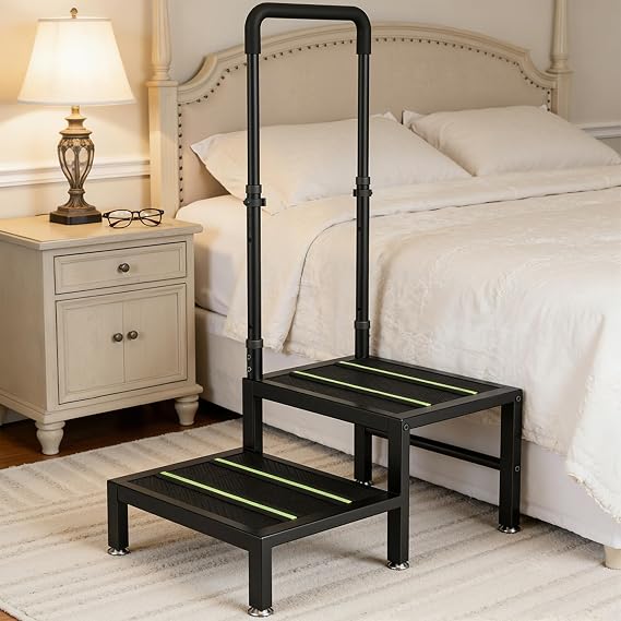 2 Step Stool with Handle, Heavy Duty Step Stool for Elderly and Adults, Adjustable Handrail with Non-Slip Platform, Bedside Steps for High Beds, Kitchen and Bathroom