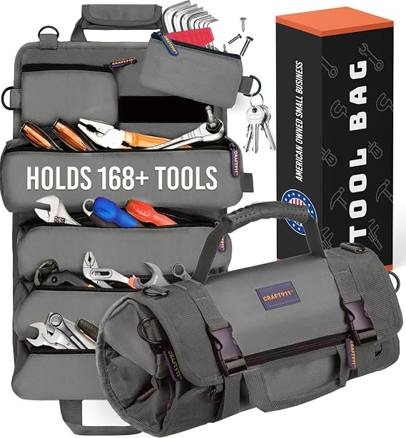 CRAFT911 Durable Tool Bag Organizers w/Detachable 6 Tool Pouches - Small | Compact & Lightweight Tool Roll Up Organizer for Electrician, Mechanic, Hobbyist