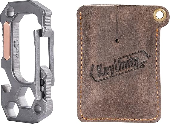 KeyUnity KU01 Titanium Multifunctional Carabiner 4 Tools in 1 & EDC Leather Sheath Pocket Bundle