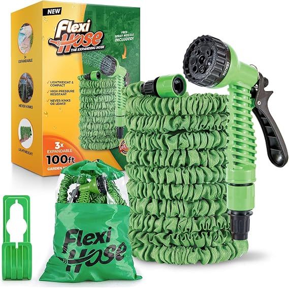 Flexi Hose 100FT Expandable Garden Hose, Retractable Water Hose, Green