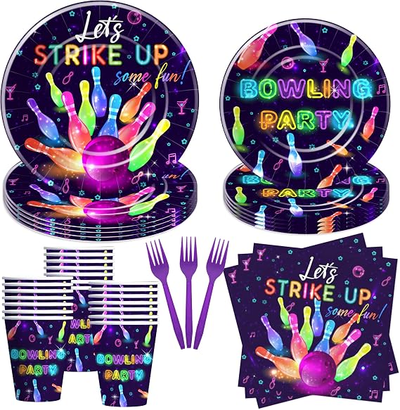 Bowling Birthday Party Supplies, Strike Up Some Fun Bowling Ball Party Decorations Tableware for Birthday Baby Shower, Paper Plate, Cup, Napkin, Disposable Fork, Serves 24