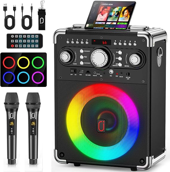 HWWR Karaoke Machine, Portable Bluetooth 5.3 Speaker with 2 Wireless Microphones for Adults, PA System with Echo Adjustment, Support TWS/TF Card/USB/AUX/TVs Connected for Home Party/Outdoor/Events etc
