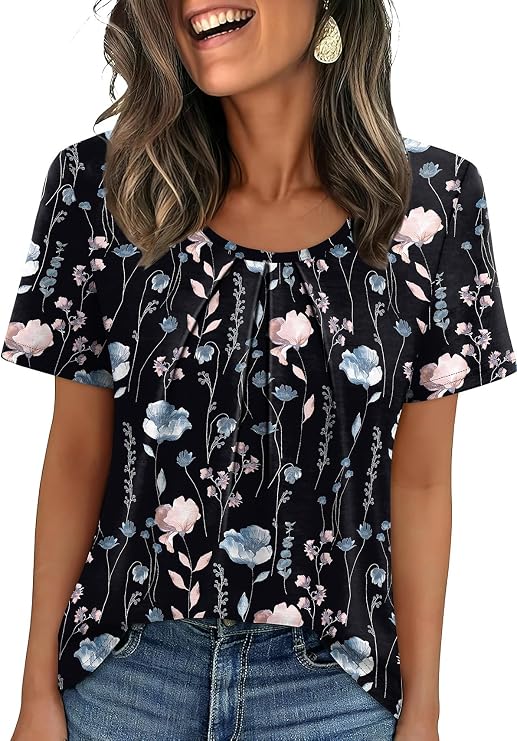 WIHOLL Women T Shirts Pleated Short Sleeve Tops Business Casual Blouses | Loose Fit, Dressy Casual, Trendy 2026, Flowy, Boho