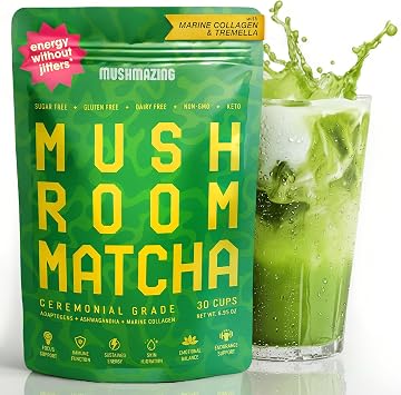 Matcha Mushroom Powder with Marine Collagen - Ceremonial Grade | Lions Mane, Tremella & Ashwagandha | Clean Energy, Focus & Skin Support | 30 Servings