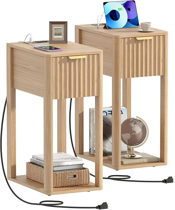 Akxomel Narrow Nightstand Set 2 with Charging Station Fluted Table Oak