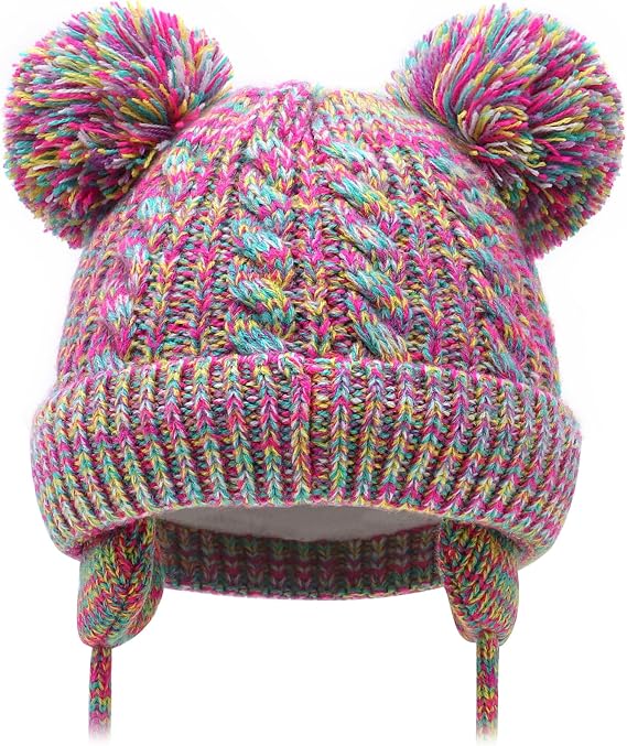 Duoyeree Toddler Winter Hat, Earflap Double Pom Pom Knit Beanie 0-36M
