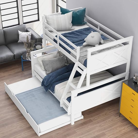 Merax Trundle Bunk Bed, Twin Over Full Wood Bunk Bed with Twin Size Trundle and Ladder, 3-in-1 Convertible to 2 Separate Beds, Solid Wood Frame with Guardrail, White