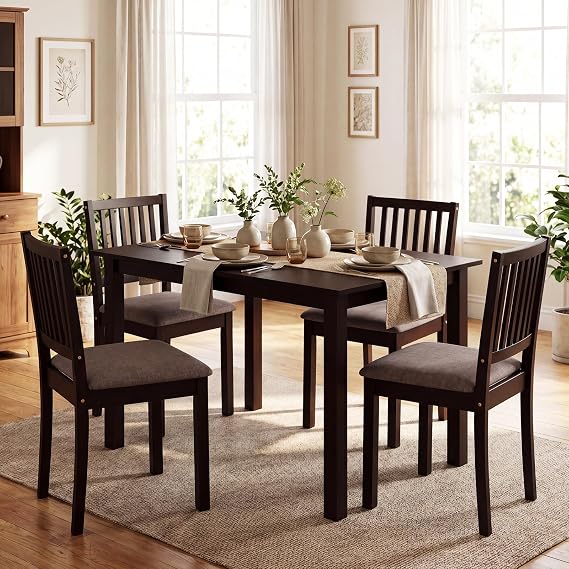 GIANTEX Dining Table Set for 4, Rectangular Kitchen Table Set w/4 Upholstered Chairs & Solid Rubber Wood Frame, Space-Saving Dinette Set for Small Space, Dining Room, Breakfast Nook