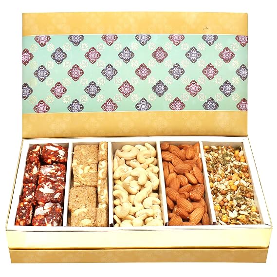 Ghasitaram Gifts Diwali Gifts - Diwali Hampers 5 Part Print Almonds, Cashews, Sugarfree Dates and Figs Bites, Roasted Namkeen and Granula Bites Box