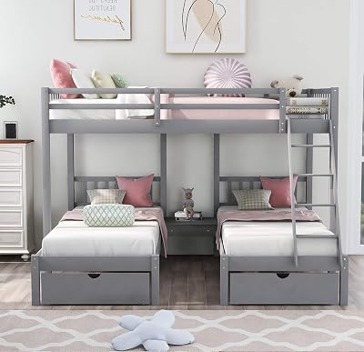 Full Over Twin & Twin Triple Bunk Bed with Drawers and Table, Wooden Bed Frame with Ladder and Guardrails, for Bedroom Furniture, Can Be Divided Into 3 Individual Beds Gray  Drawers