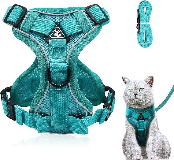 Cat Harness and Lead Set, Adjustable Kitten Harness and Lead Set with Reflective Strips Escape-Proof, Cat Vest Harness with Leash Sets for Cats Dogs Pets Walking (Lake blue, S)
