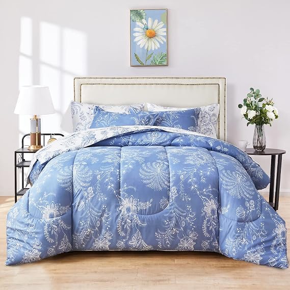 Flysheep Floral Rversible Comforter Set Twin Size, Botanical Pattern Printed White and Blue Bedding Set, Ultra Soft Microfiber Warm for All Season