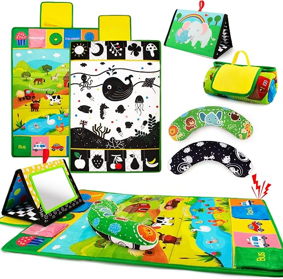 Tummy Time Mirror & Play Mat & Pillow 3-in-1, High Contrast Baby Toys