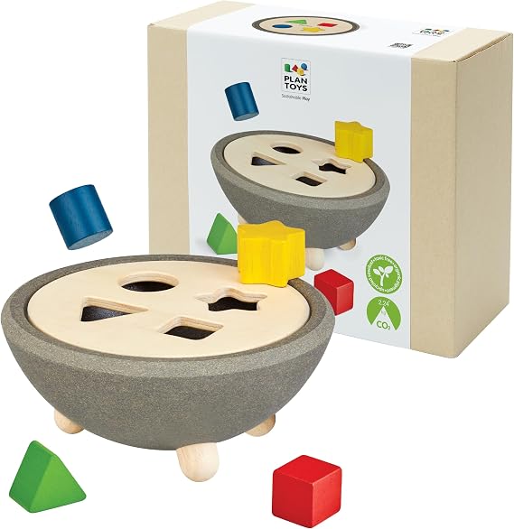 PlanToys Wooden Shape Sorting Bowl, Montessori Kids Shape Sorter Toy Set