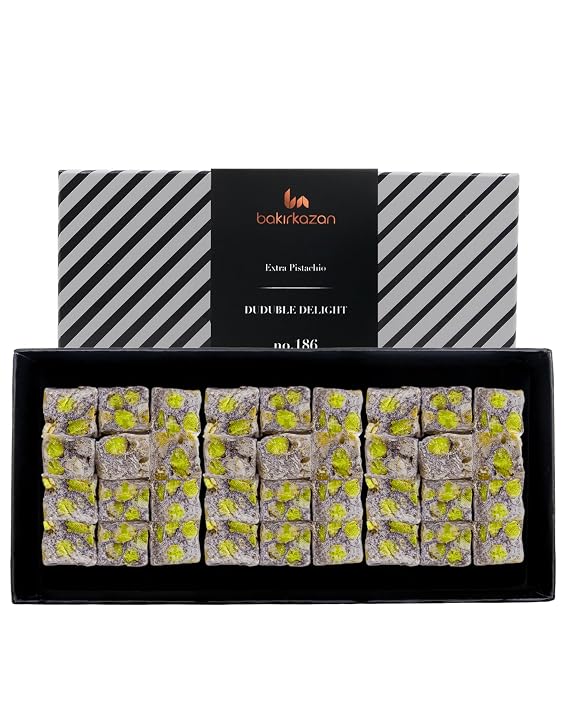 Turkish Delight Extra Duduble by BAKIRKAZAN, %40 PISTACHIO Turkish Delights Candy 8.8 oz Luxury Food Gifts, Turkish Candy Assorted Flavors gourmet candy, Best Food & Beverage Christmas New year Gifts Option, Lokum, Vegan Turkish Snacks ramadan bar baklava Halal Eid al-Adha sweets