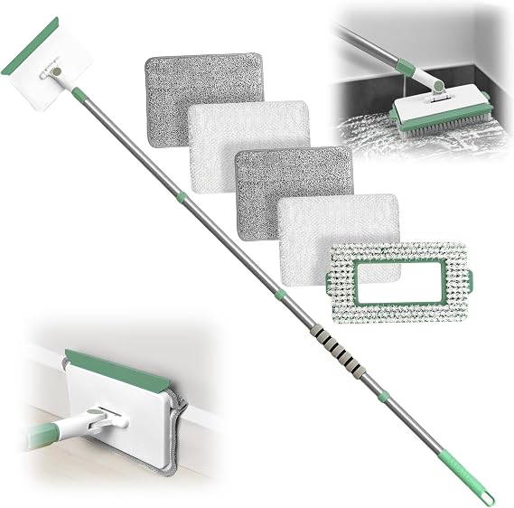 Baseboard Cleaner Tool with Handle, Wall Cleaner Mop with 54.7'' Adjustable Long Handled 1 Scrubber Brush Mop Head and 4 Reusable Cleaning Pads for Baseboards Cleaning, Ceiling, Skirting Board