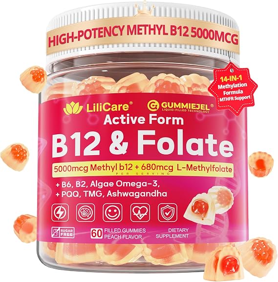 Methyl B12 5000mcg & L-Methylfolate Gummies for Women Men, B12 Energy Gummy | Methylcobalamin & 5-MTHF, B-Complex Multivitamin Supplement, w/B6, Choline,TMG for Cognition, Methylation, MTHFR Gene, 60Cts