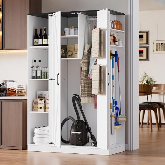 PAKASEPT Broom Closet Storage Cabinet, 63" H Wooden Vacuum Storage Cabinet, Closet with Door, Cleaning Tool Organizer with Shelf and Broom Holder, 63" H35.4" W15.7" D, White