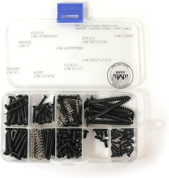 MAKA Guitar Screw Kit Assortment Box Kit for Electric Guitar Bridge, Pickup, Pickguard, Tuner, Switch, Neck Plate, with Springs, 9 Types, Total 149 Screws, Black