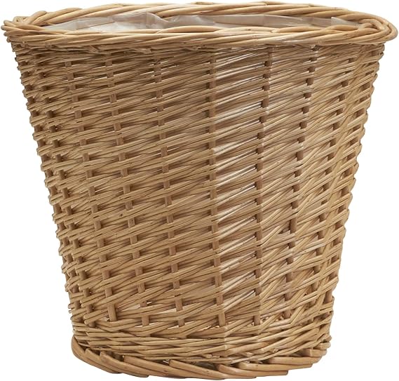 Household Essentials Willow Wicker Waste Basket, Medium, Handwoven with Built-in Plastic Liner, Durable and Attractive Weave, Tapered Design, Compact, Easy to Clean, Natural