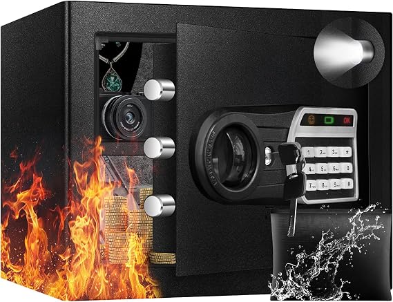 35L Fireproof Waterproof Safe, Digital Keypad, LED Alert | Ample storage with removable shelf. Smart alarm protects valuables; LED aids dark access; spare key for emergency.