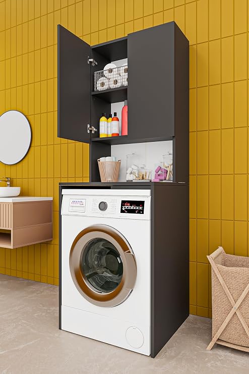 ASRA TREND Koyu Gri BD-01 Çamaşır Makinesi Üstü Banyo Dolabı 2 Kapaklı Açık Raflı 65x190 cm%100 MDFLAM