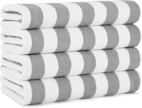 Arkwright California Cabana Stripe Beach Towel - Pack of 4, Large Soft Quick Dry 100% Cotton Terry Towels Set for Pool, Swim, and Hot Tub, Oversized 30 x 70 in, Grey