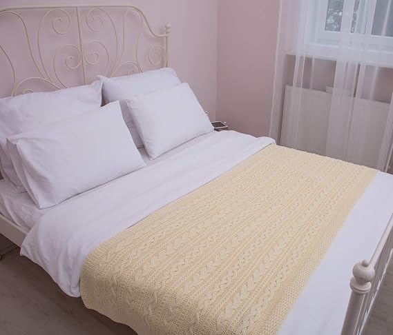 SAOL Knitwear Bed Scarf Runner Irish Chunky Cable Knit Throw Cover Made of Soft Wool Blend (Natural, King Bed)