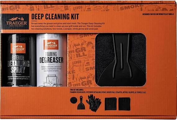 Traeger Grills Deep Cleaning Kit - Exterior Detailing Spray (16oz), Foaming Degreaser (16oz), Grill Scraper & Pad, Microfiber Towels, Nitrile Gloves - Tools for cleaning Grill, Smoker, Oven, Griddle