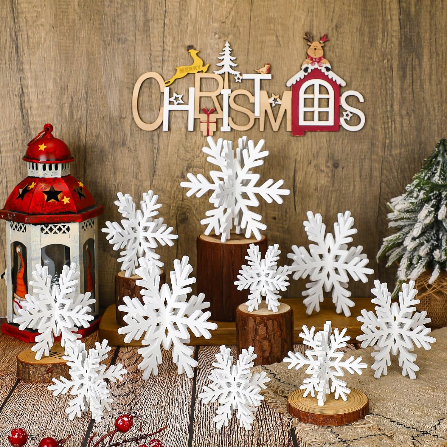 Qunclay 20 Pcs Wooden Snowflake Decorations 3D Snowflake Tabletop Decor Christmas Signs and Centerpiece for Winter Wonderland Decorations Xmas Tiered Tray DecorWhite