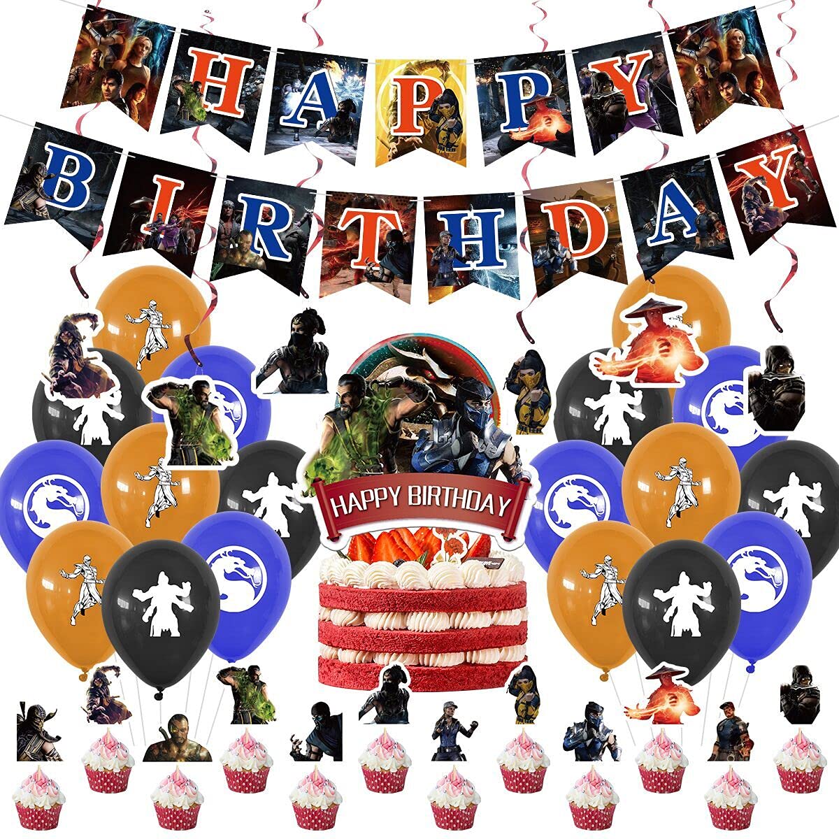 Mortal Kombat Combat Party Supplies,Mortal Kombat Combat Birthday Party Decorations,Birthday Party Supplies For Descendants Includes Banner - Cake Topper - 12 Cupcake Toppers - 18 Balloons