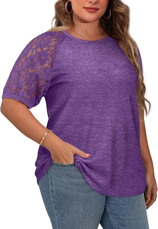 HDLTE Plus Size Tops for Women Summer Round Neck Casual Shirts Lace Short Sleeve Tees Blouse