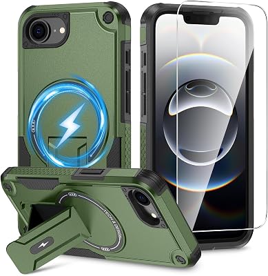 Caka for iPhone 16E Case [Compatible with MagSafe] [Invisible Kickstand] [HD Screen Protector], Protective Magnetic Phone Cover for iPhone 16E 6.1” 2025 Green