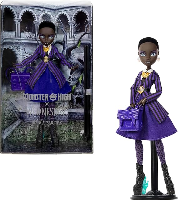 Monster High x Wednesday Doll and Accessories, Bianca Barclay Collectible in Nevermore Academy Uniform with Siren Amulet, Backpack and Doll Stand | Nevermore Academy Uniform, Siren Amulet, Backpack, Doll Stand