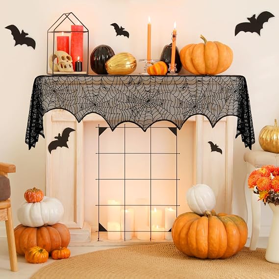 Halloween Fireplace Decoration Mantel Decoration, Cobweb Fireplace Scarf Black Lace Spiderweb Fireplace Mantel Cover for Halloween Party Supplies, Halloween Decorations Indoor Halloween Decor