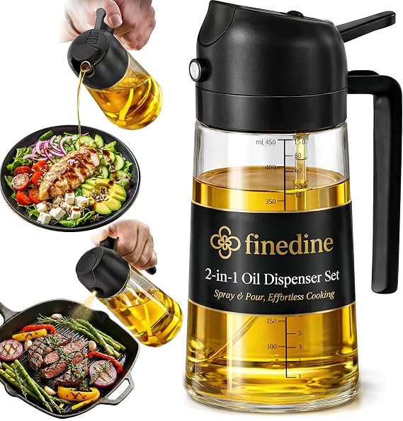 FineDine 16 oz Glass Olive Oil Sprayer for Cooking, Oil Dispenser, Black