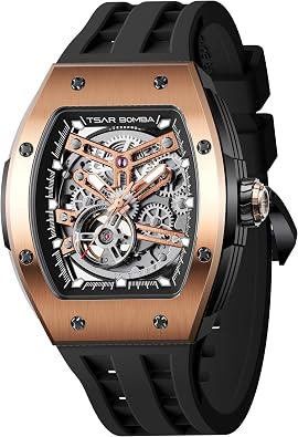 TSAR BOMBA Men's Automatic Watch Tonneau Luxury Skeleton Watches for Men Mechanical 50M Waterproof Analogue Watches Mens Unique Cool Square Big Face Dial Wristwatch with Silicone Strap Band